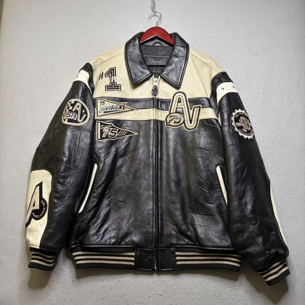 Avirex Varsity Jacket Mens XXL Black Cream Leather 21P003 Vintage 90s Patches
